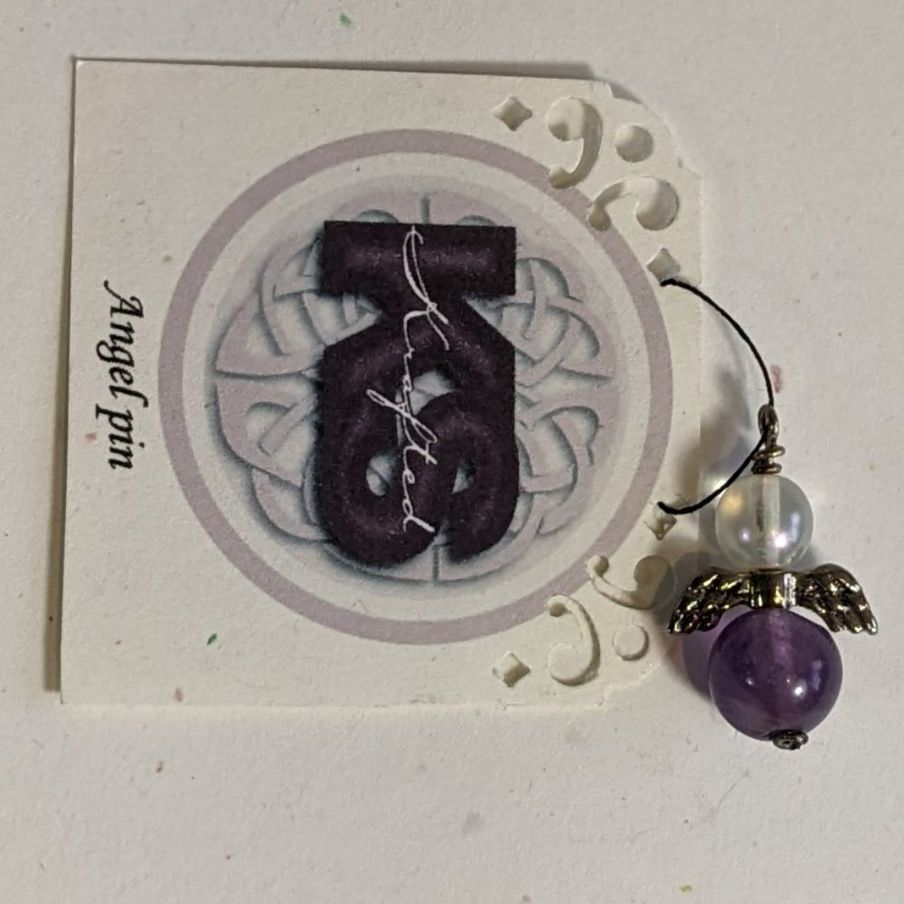 Handcrafted Angel Pin in genuine 8mm Amethyst and frosted iridescent glass. New!